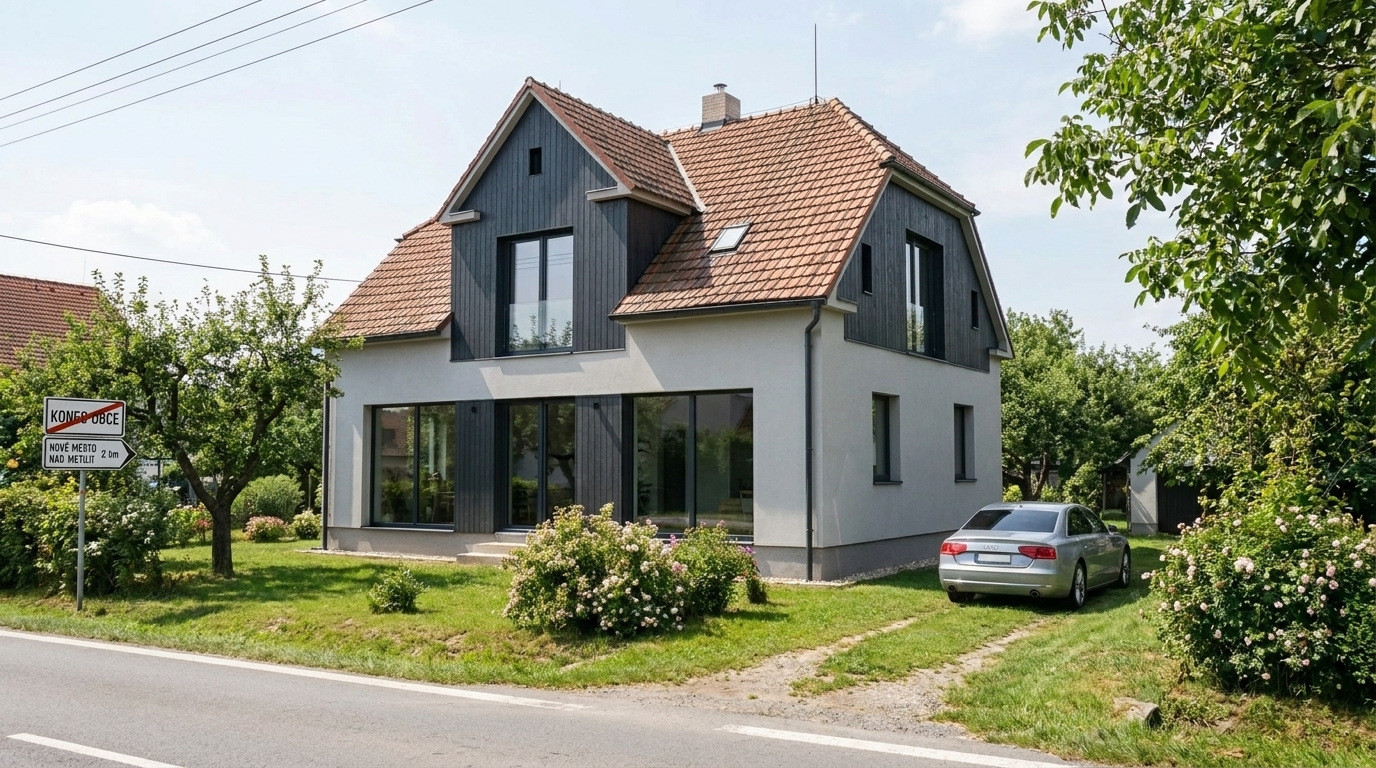 Rodinný dům s novou fasádou a dřevěným obkladem po rekonstrukci